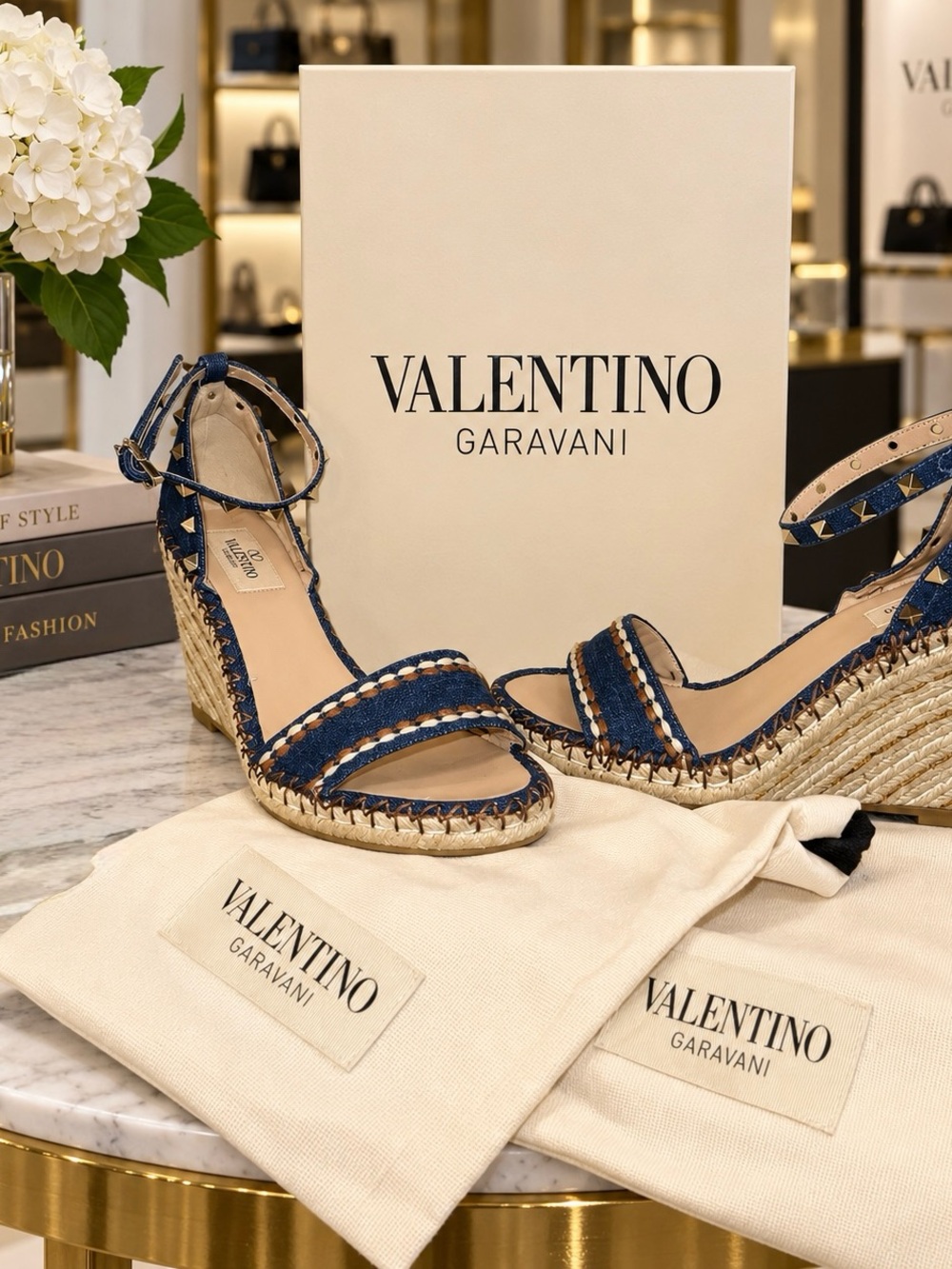 Valentino Garavani Denim Rockstud Espadrille Wedge Sandals